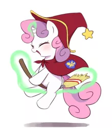 Size: 700x800 | Tagged: safe, artist:30clock, derpibooru import, sweetie belle, pony, unicorn, blushing, broom, cape, clothes, cute, diasweetes, eyes closed, flying, flying broomstick, hat, levitation, magic, magician, open mouth, simple background, smiling, solo, telekinesis, white background, witch