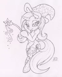 Size: 802x1000 | Tagged: safe, artist:dfectivedvice, derpibooru import, trixie, pony, belly button, bipedal, clothes, grayscale, monochrome, sketch, socks, solo, traditional art, wand