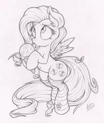 Size: 843x1000 | Tagged: safe, artist:dfectivedvice, derpibooru import, fluttershy, pony, belly button, bipedal, clothes, food, grayscale, monochrome, sketch, socks, solo, striped socks, tongue out, traditional art