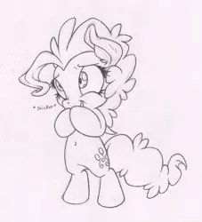 Size: 909x1000 | Tagged: safe, artist:dfectivedvice, derpibooru import, pinkie pie, pony, belly button, bipedal, grayscale, monochrome, sketch, solo, traditional art