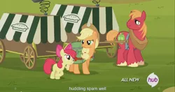 Size: 1440x762 | Tagged: safe, derpibooru import, screencap, apple bloom, applejack, big macintosh, earth pony, pony, somepony to watch over me, male, meme, stallion, youtube caption