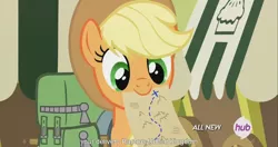 Size: 1440x762 | Tagged: applejack, derpibooru import, hub logo, meme, mouth hold, safe, screencap, solo, somepony to watch over me, youtube caption