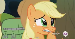 Size: 1439x762 | Tagged: safe, derpibooru import, screencap, applejack, somepony to watch over me, all new, hub logo, meme, solo, text, wat, youtube caption