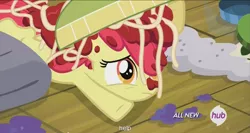 Size: 1439x763 | Tagged: safe, derpibooru import, screencap, apple bloom, somepony to watch over me, hub logo, meme, solo, spaghetti, youtube caption