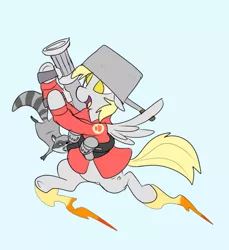 Size: 618x676 | Tagged: safe, artist:metal-kitty, derpibooru import, derpy hooves, pegasus, pony, raccoon, crossover, derpy soldier, female, lieutenant bites, mare, rocket jump, soldier, solo, team fortress 2