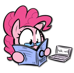 Size: 590x576 | Tagged: safe, artist:shoutingisfun, artist:venezolanbrony, color edit, derpibooru import, edit, pinkie pie, earth pony, pony, book, c, colored, computer, female, glasses, hello world, hoof hold, k&r, laptop computer, mare, programming, reading, simple background, solo, transparent background