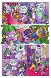 Size: 662x1018 | Tagged: safe, derpibooru import, idw, princess celestia, raven, spike, starry eyed, twilight sparkle, twilight sparkle (alicorn), alicorn, dragon, pony, spoiler:comic, spoiler:comicff3, clothes, comic, ethereal mane, female, hat, idw advertisement, male, mare, official comic, preview, speech bubble, telescope