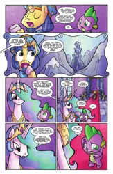 Size: 662x1018 | Tagged: safe, derpibooru import, idw, princess celestia, spike, starry eyed, alicorn, dragon, pony, unicorn, spoiler:comic, spoiler:comicff3, beard, comic, crystal mountain, ethereal mane, facial hair, female, hat, idw advertisement, male, mare, mountain, official comic, preview, speech bubble, stallion