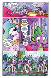 Size: 662x1018 | Tagged: safe, derpibooru import, idw, princess celestia, raven, spike, alicorn, dragon, pony, unicorn, spoiler:comic, spoiler:comicff3, comic, dragons riding ponies, ethereal mane, female, idw advertisement, male, mare, official comic, preview, riding, speech bubble