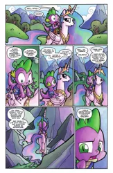 Size: 662x1018 | Tagged: safe, derpibooru import, idw, princess celestia, spike, alicorn, dragon, pony, spoiler:comic, spoiler:comicff3, comic, dragons riding ponies, duo, ethereal mane, female, idw advertisement, male, mare, official comic, preview, riding, speech bubble