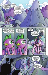 Size: 662x1018 | Tagged: safe, artist:agnesgarbowska, derpibooru import, idw, iggy (idw), princess celestia, spike, alicorn, dragon, lobster, pony, friends forever, spoiler:comic, spoiler:comicff3, comic, dragons riding ponies, duo, ethereal mane, female, idw advertisement, male, mare, mountain, official comic, pinklestia, preview, riding, rock lobster, speech bubble