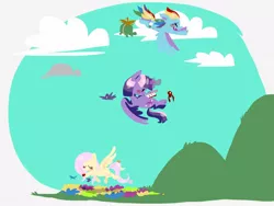 Size: 1024x768 | Tagged: safe, artist:supernoncutie, derpibooru import, fluttershy, rainbow dash, tank, twilight sparkle, twilight sparkle (alicorn), alicorn, bird, pony, animal, book, female, flower, flying, mare, pet, reading, tooth