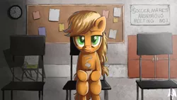 Size: 1920x1080 | Tagged: safe, artist:rouletteobsidian, derpibooru import, applejack, classroom, coffee, dark, drink, looking at you, scene parody, sitting, sleepy, solo