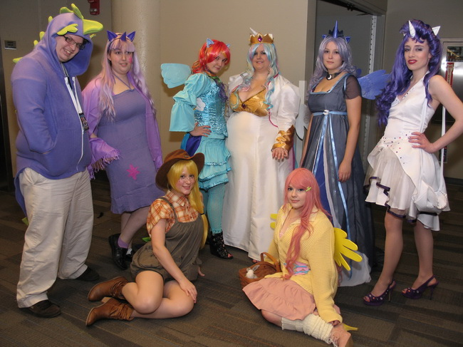 Size: 650x487 | Tagged: applejack, artist:envelcosplay, artist:terranell, convention, cosplay, derpibooru import, fluttershy, human, irl, irl human, ohayocon, ohayocon 2012, photo, princess celestia, princess luna, rainbow dash, rarity, safe, spike, youmacon, youmacon 2012