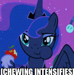 Size: 274x275 | Tagged: animated, apple, chewing, cropped, derpibooru import, descriptive noise, eating, edit, edited screencap, extreme speed animation, image macro, impact font, luna eclipsed, meme, princess luna, safe, screencap, solo, x intensifies