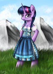 Size: 1280x1800 | Tagged: safe, artist:puggie, derpibooru import, twilight sparkle, anthro, bavaria, bavarian, clothes, cloud, dirndl, dress, germany, grass, mountain, oktoberfest, solo, traditional dress