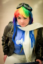 Size: 800x1200 | Tagged: safe, artist:riveth, derpibooru import, rainbow dash, human, clothes, convention, cosplay, goggles, irl, irl human, jacket, kamecon, kamecon 2013, photo, queen city kamikaze, scarf, solo