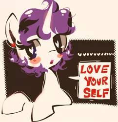 Size: 722x747 | Tagged: alternate hairstyle, artist:supernoncutie, blushing, derpibooru import, dialogue, heart, heart eyes, motivation, motivational, out of frame, rarity, safe, short hair, solo