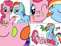 Size: 1024x767 | Tagged: safe, artist:kristelpokemonfan, derpibooru import, gummy, pinkie pie, rainbow dash, bedroom eyes, biting, blushing, comic, female, lesbian, licking, licking lips, open mouth, pinkiedash, shipping, smiling, tongue bite, tongue out, wink