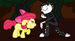 Size: 3324x1836 | Tagged: apple bloom, artist:tagman007, bow, crossover, derpibooru import, female, filly, floppy ears, johnny the homicidal maniac, jthm, safe, scared