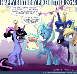 Size: 900x859 | Tagged: safe, artist:johnjoseco, derpibooru import, derpy hooves, princess luna, trixie, oc, oc:pixelkitties, pegasus, pony, ask gaming princess luna, birthday, birthday cake, cake, candle, eyeroll, female, glasses, mare, party, pixelkitties