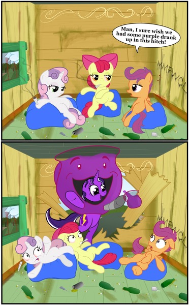 Size: 1200x1933 | Tagged: semi-grimdark, artist:ohohokapi, deleted from derpibooru, derpibooru import, apple bloom, scootaloo, sweetie belle, oc, oc:purple tinker, 2 panel comic, bipedal, comic, cutie mark crusaders, drugs, image, jpeg, kool-aid man, marijuana, oh yeah, purple drank, stoned, vulgar