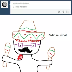 Size: 576x577 | Tagged: artist:askpoorlydrawntwist, comic sans, derpibooru import, glasses, maracas, mexican, moustache, musical instrument, quality, safe, sombrero, stylistic suck, tumblr, twist