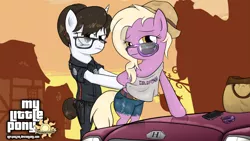 Size: 2000x1125 | Tagged: safe, artist:roflpanzer, derpibooru import, grace manewitz, raven, pony, semi-anthro, arrested, bipedal, car, clothes, crossover, female, glasses, grand theft auto, gta v, hat, horseshoes, looking at you, mobile phone, phone, police officer, smiling, unamused, wallpaper