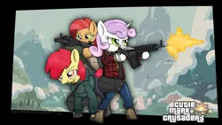 Size: 2000x1125 | Tagged: safe, artist:roflpanzer, derpibooru import, apple bloom, babs seed, sweetie belle, pony, action pose, assault rifle, bipedal, brad snider, clothes, crossover, cutie mark crusaders, grand theft auto, gta v, gun, machine gun, michael de santa, michael townley, rifle, shooting, snow, trevor philips, weapon