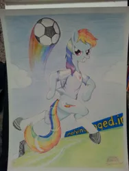 Size: 1024x1365 | Tagged: safe, artist:aerialift, derpibooru import, rainbow dash, pegasus, pony, semi-anthro, ball, clothes, female, football, football field, grass, grass field, mare, running, shoes, signature, sneakers, socks, solo, sports, traditional art