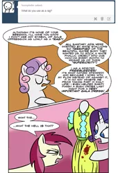 Size: 521x768 | Tagged: 2 panel comic, artist:catfood-mcfly, blood, clothes, comic, derpibooru import, dress, fury belle, menstrual blood, menstruation, rarity, roseluck, squint, suggestive, sweetie belle