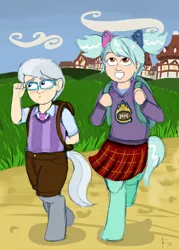 Size: 1000x1400 | Tagged: safe, artist:aa, derpibooru import, oc, oc:hope, oc:sterling, unofficial characters only, satyr, backpack, blushing, female, glasses, male, offspring, parent:lyra heartstrings, parent:silver spoon, straight