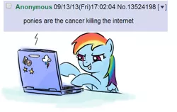 Size: 497x315 | Tagged: 4chan, cancer, computer, grin, hypocrisy, laptop computer, /mlp/, rainbow dash, safe, shitposting, smiling, smirk, solo, what a twist