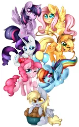 Size: 2596x4147 | Tagged: safe, artist:mixipony, derpibooru import, applejack, derpy hooves, fluttershy, pinkie pie, rainbow dash, rarity, twilight sparkle, twilight sparkle (alicorn), alicorn, pony, balloon, female, fire ruby, lasso, mane six, mare, muffin