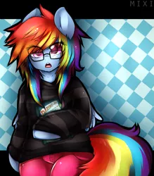 Size: 1425x1629 | Tagged: safe, artist:mixipony, derpibooru import, daring do, rainbow dash, pegasus, pony, semi-anthro, abstract background, book, clothes, egghead, female, glasses, mare, open mouth, pants, signature, sitting, solo, sweater