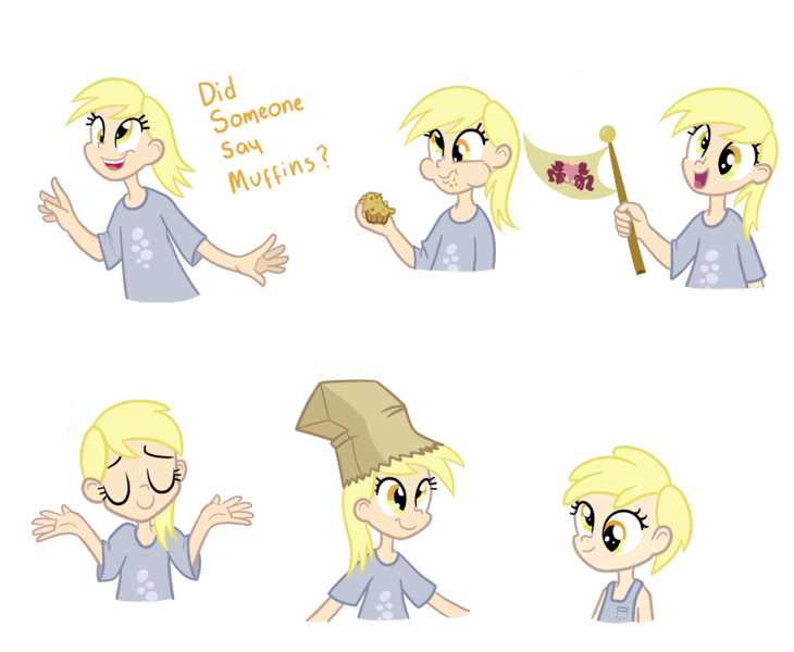 Size: 3240x2664 | Tagged: artist:thecheeseburger, derpibooru import, derpy hooves, flag, food, human, humanized, muffin, paper bag, paper bag wizard, safe, smiling, solo, younger