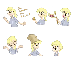 Size: 3240x2664 | Tagged: artist:thecheeseburger, derpibooru import, derpy hooves, flag, food, human, humanized, muffin, paper bag, paper bag wizard, safe, smiling, solo, younger