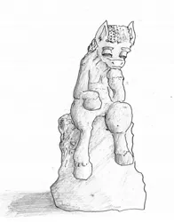 Size: 791x1010 | Tagged: artist:ravetuba, derpibooru import, grayscale, monochrome, ponified, safe, solo, statue, the thinker, traditional art
