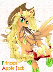 Size: 600x818 | Tagged: safe, artist:namagakiokami, artist:yuki-zakuro, derpibooru import, applejack, alicorn, pony, alicornified, alternate hairstyle, applecorn, female, jewelry, lasso, looking at you, mare, mouth hold, princess applejack, race swap, regalia, rope, solo