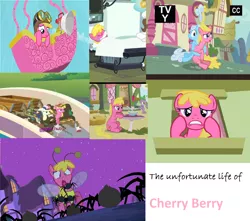 Size: 1700x1500 | Tagged: safe, derpibooru import, edit, edited screencap, screencap, bon bon, cherry berry, linky, shoeshine, spike, sweetie drops, earth pony, pony, spider, luna eclipsed, putting your hoof down, the mysterious mare do well, too many pinkie pies, aviator hat, background pony, balloon, bee costume, cart, clothes, collage, compilation, female, hat, hot air balloon, mare, nightmare night, pink text, rubbish, trash, twinkling balloon