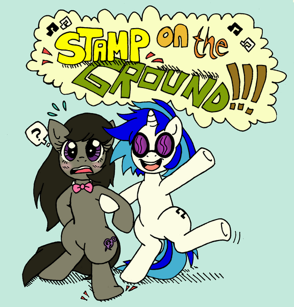 Size: 2015x2099 | Tagged: safe, artist:foxgirlkira, derpibooru import, octavia melody, vinyl scratch, blushing, dancing, stamp on the ground