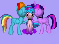 Size: 768x576 | Tagged: safe, derpibooru import, rainbow dash, twilight sparkle, twilight sparkle (alicorn), oc, oc:shiny dawn, alicorn, pegasus, pony, choker, colored wings, eyes closed, female, gradient hooves, gradient wings, lesbian, looking at you, magical lesbian spawn, mama twilight, mare, nuzzling, offspring, pony creator 3d, ponylumen, shipping, sitting, smiling, standing, twidash