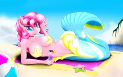 Size: 4350x2750 | Tagged: anthro, artist:bludraconoid, beach ball, belly button, bellyring, breasts, busty pinkie pie, derpibooru import, female, mermaid, mermaidized, pasties, patrick star, pinkie pie, saggy, solo, solo female, spongebob squarepants, starfish, starfish bra, suggestive