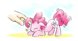Size: 1344x704 | Tagged: artist:annie-aya, bubble berry, derpibooru import, disembodied hand, eyes closed, floppy ears, hand, human, micro, pinkie pie, rule 63, safe, scratching, smiling, stars, tail wag