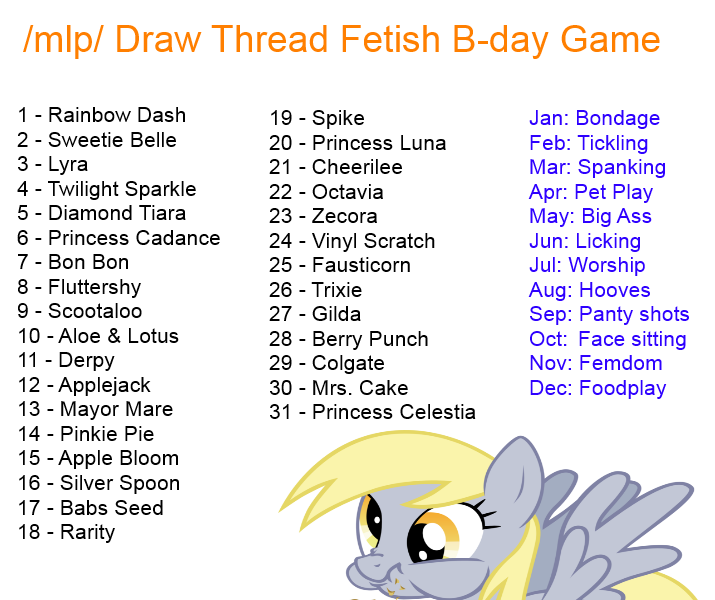 Size: 715x600 | Tagged: suggestive, derpibooru import, aloe, apple bloom, applejack, babs seed, berry punch, berryshine, bon bon, cheerilee, cup cake, derpy hooves, diamond tiara, fluttershy, gilda, lotus blossom, lyra heartstrings, mayor mare, minuette, octavia melody, pinkie pie, princess cadance, princess celestia, princess luna, rainbow dash, rarity, scootaloo, silver spoon, spike, sweetie belle, sweetie drops, trixie, twilight sparkle, vinyl scratch, zecora, oc, oc:fausticorn, alicorn, /mlp/, 4chan, birthday game, bondage, cutie mark crusaders, exploitable meme, facesitting, female, femdom, fetish, food, foodplay, hooves, large butt, licking, mane seven, mane six, meme, panty shots, pet play, spa twins, spanking, text, tickling, tongue out, worship