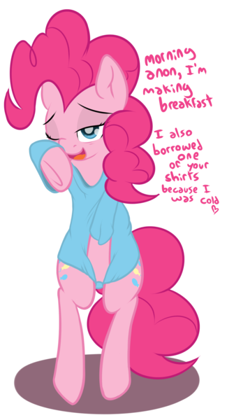 Size: 899x1660 | Tagged: safe, artist:mostazathy, derpibooru import, pinkie pie, oc, oc:anon, earth pony, pony, bipedal, bottomless, clothes, covering, cute, dialogue, diapinkes, heart, morning ponies, shirt, shirt pull, solo, tired