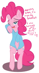 Size: 899x1660 | Tagged: safe, artist:mostazathy, derpibooru import, pinkie pie, oc, oc:anon, earth pony, pony, bipedal, bottomless, clothes, covering, cute, dialogue, diapinkes, heart, morning ponies, shirt, shirt pull, solo, tired