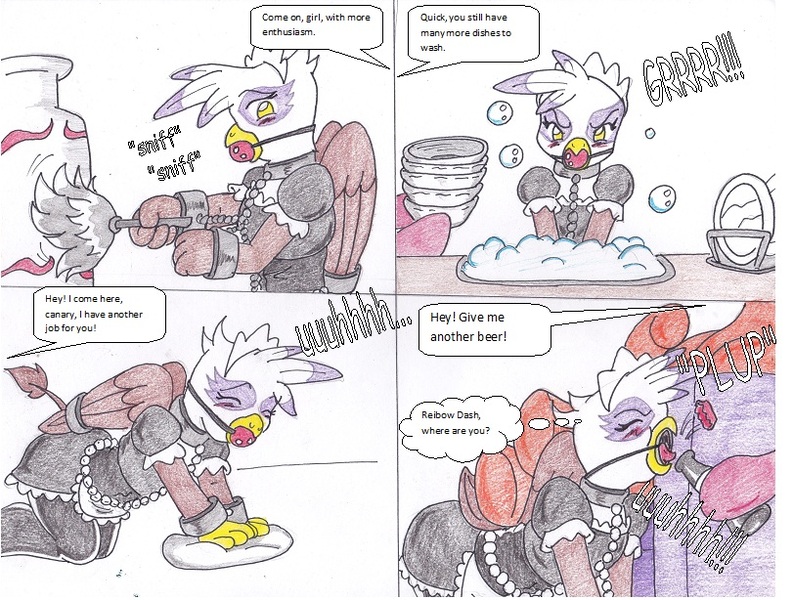 Size: 811x614 | Tagged: questionable, artist:reimon-master-ii, derpibooru import, gilda, gryphon, comic:gilda comic, ballgag, beer, bondage, bottlecap, bottle opener, bound wings, chains, clothes, collar, comic, cuffs, duster, female, femsub, gag, kidnapped, living object, maid, pony domination, ring gag, slave, submissive