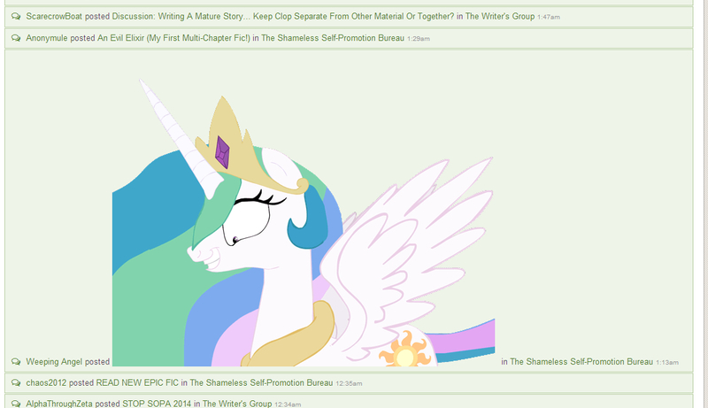 Size: 1110x639 | Tagged: derpibooru import, fimfiction, meta, notifications, princess celestia, princess molestia, safe, screencap, solo, wtf