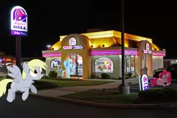 Size: 1620x1080 | Tagged: safe, derpibooru import, edit, derpy hooves, fluttershy, pinkie pie, rainbow dash, rarity, pegasus, pony, female, irl, mare, night, photo, ponies in real life, taco, taco bell, taco tuesday
